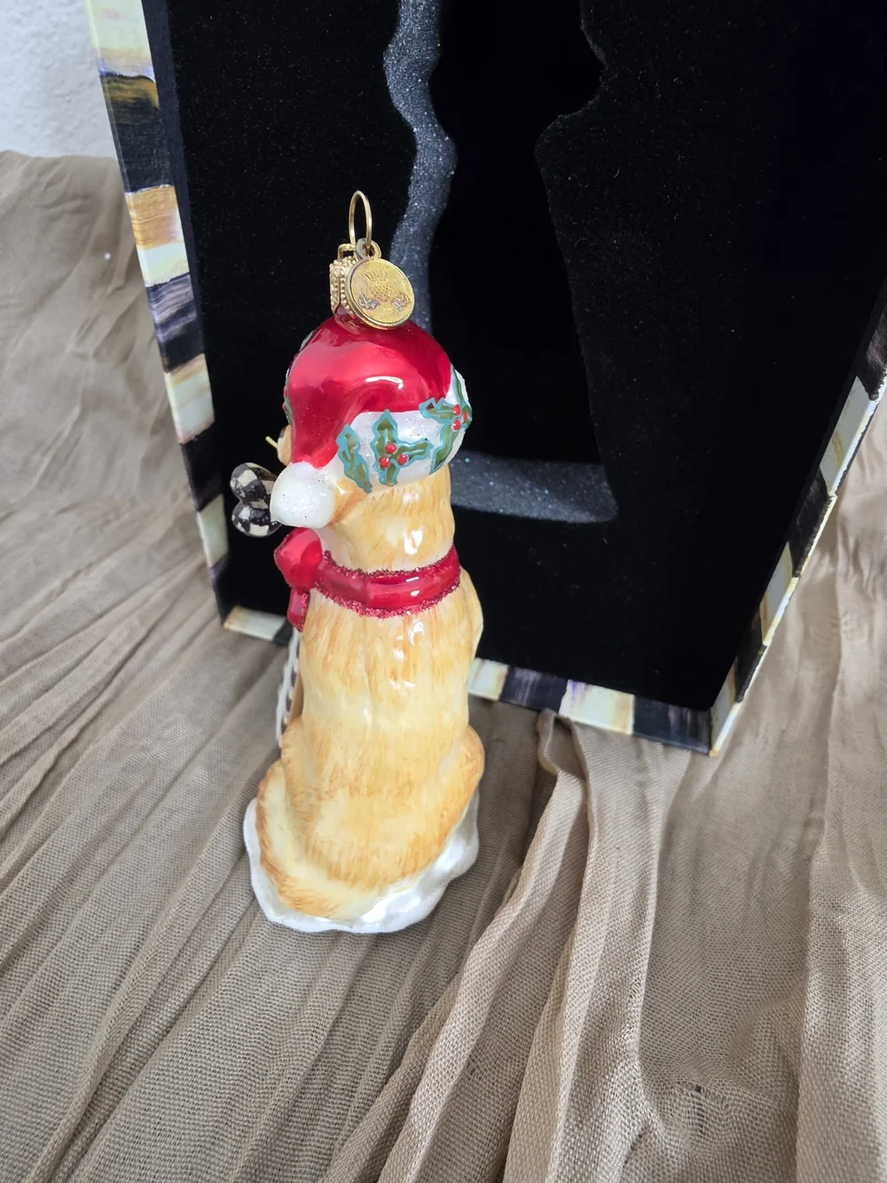MacKenzie-Childs Golden Retriever Glass Christmas Ornament Courtly Check Boxed